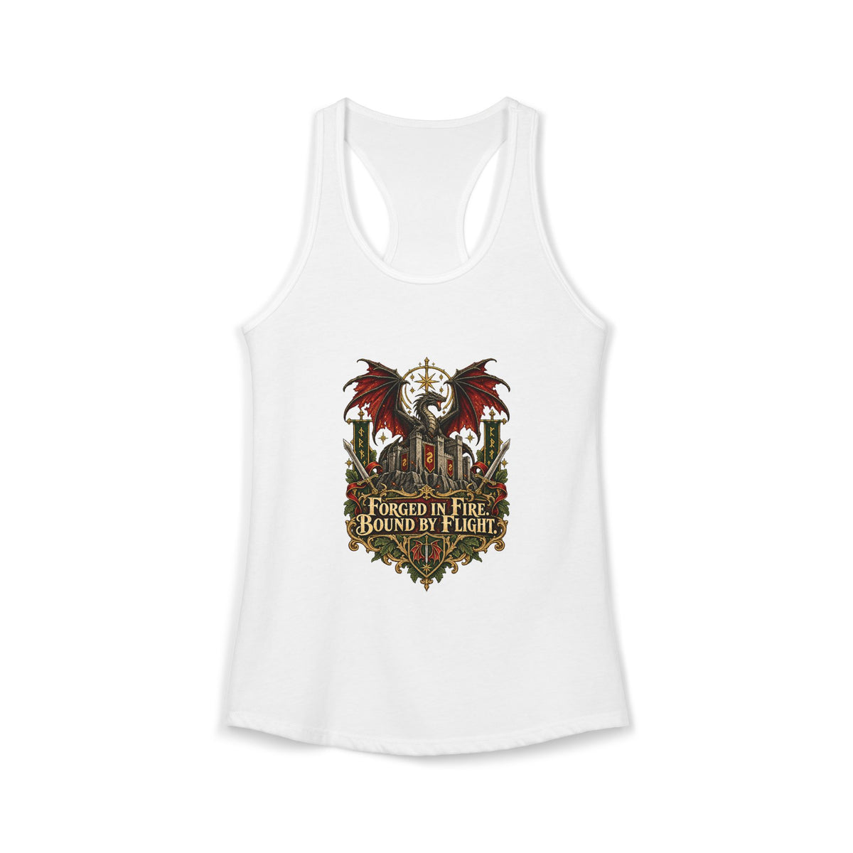 Dragon Rider Racerback Tank Top | Forged in Fire Bound by Flight | Vintage Fantasy Workout Shirt