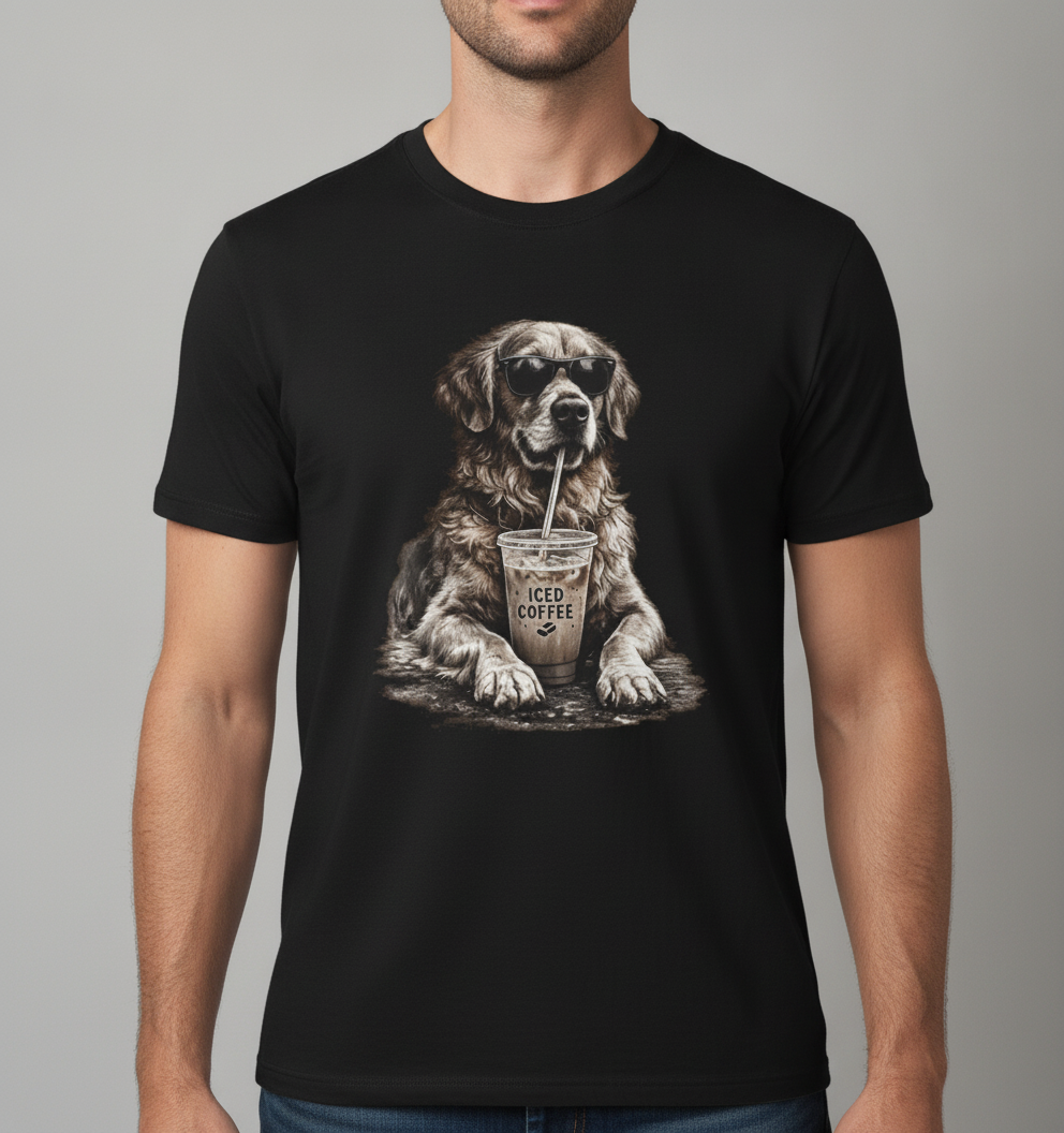 Iced Coffee Dog T‑Shirt — Cool Dog Drinking Iced Coffee Graphic Tee