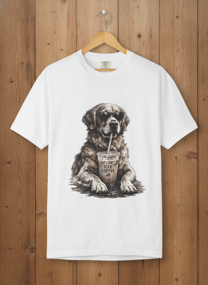 Iced Coffee Dog T‑Shirt — Cool Dog Drinking Iced Coffee Graphic Tee