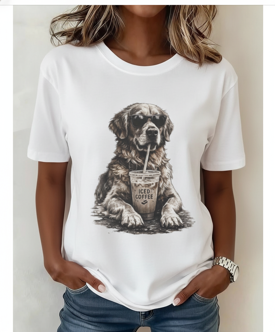 Iced Coffee Dog T‑Shirt — Cool Dog Drinking Iced Coffee Graphic Tee