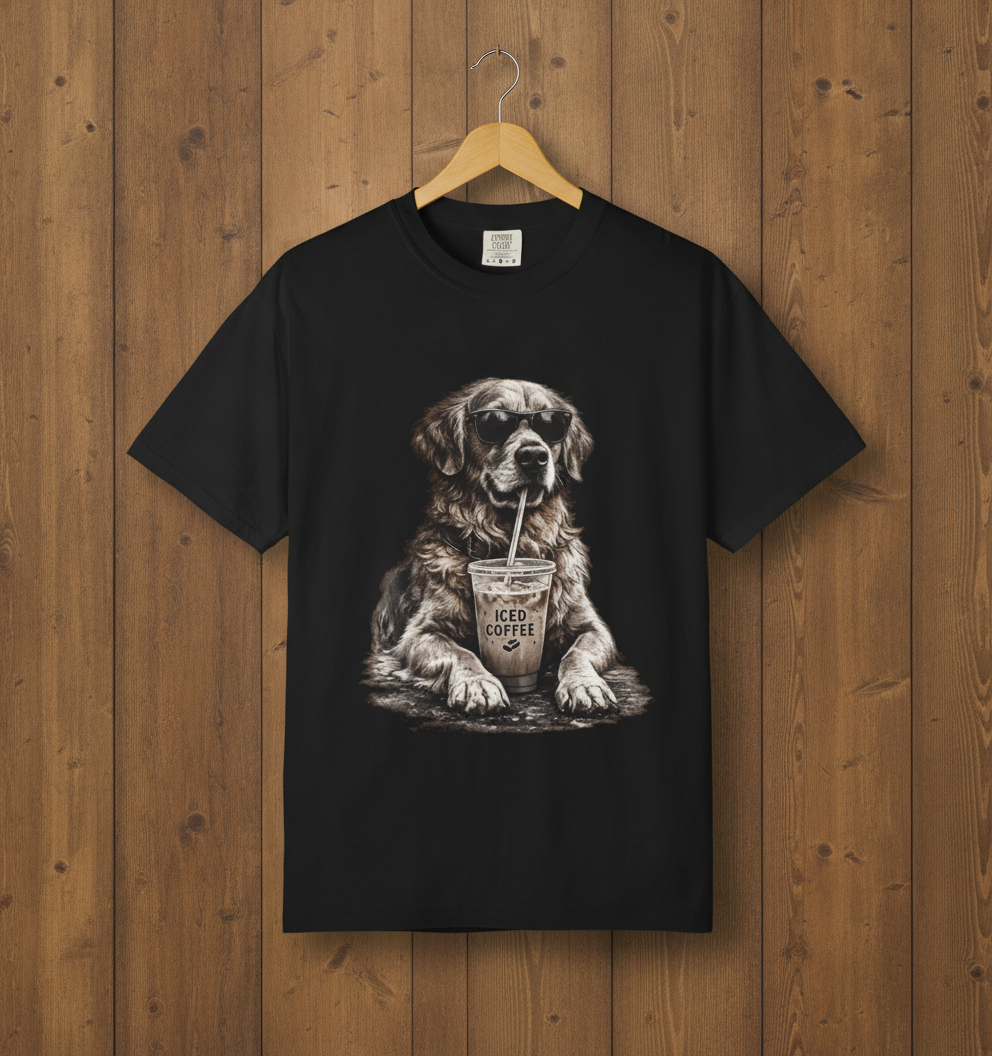 Iced Coffee Dog T‑Shirt — Cool Dog Drinking Iced Coffee Graphic Tee