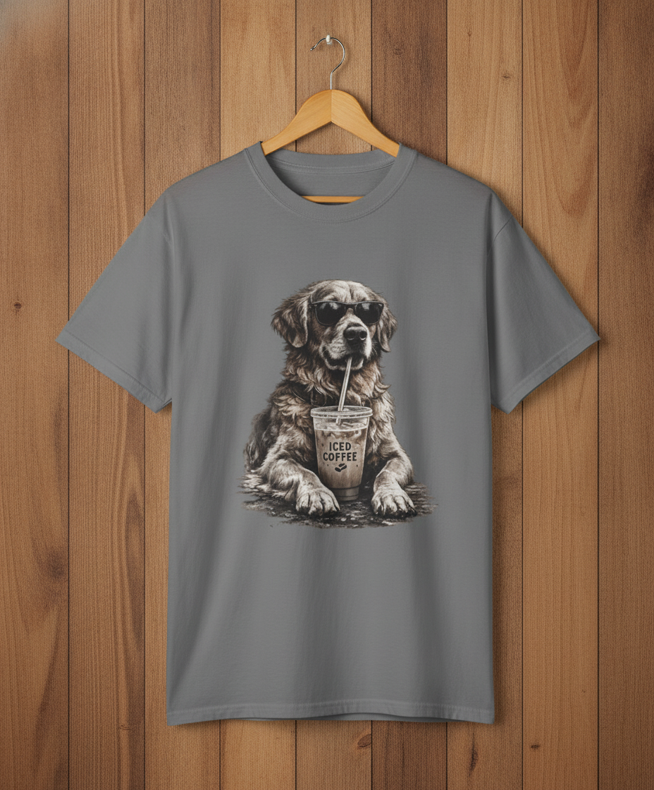 Iced Coffee Dog T‑Shirt — Cool Dog Drinking Iced Coffee Graphic Tee