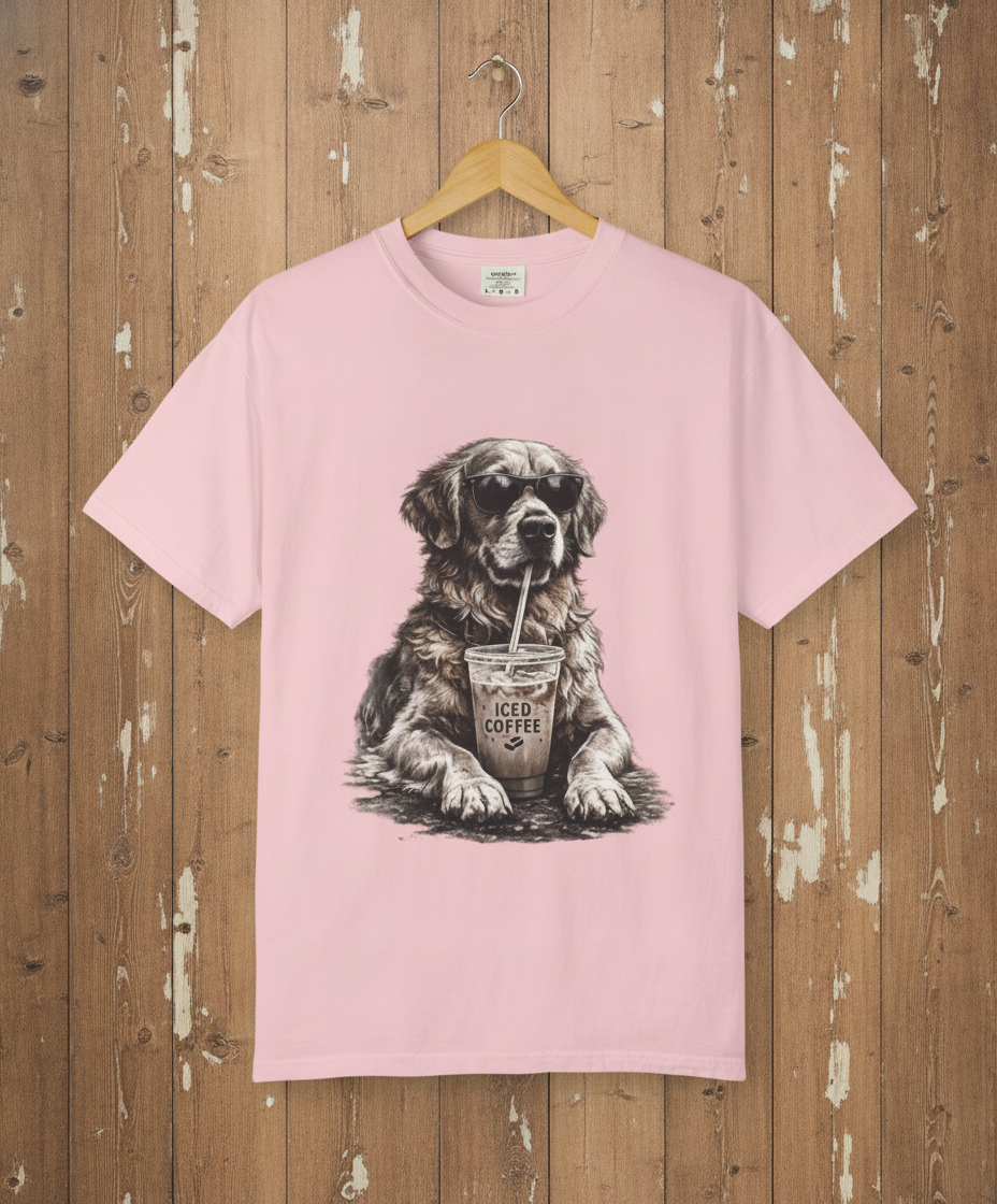 Iced Coffee Dog T‑Shirt — Cool Dog Drinking Iced Coffee Graphic Tee
