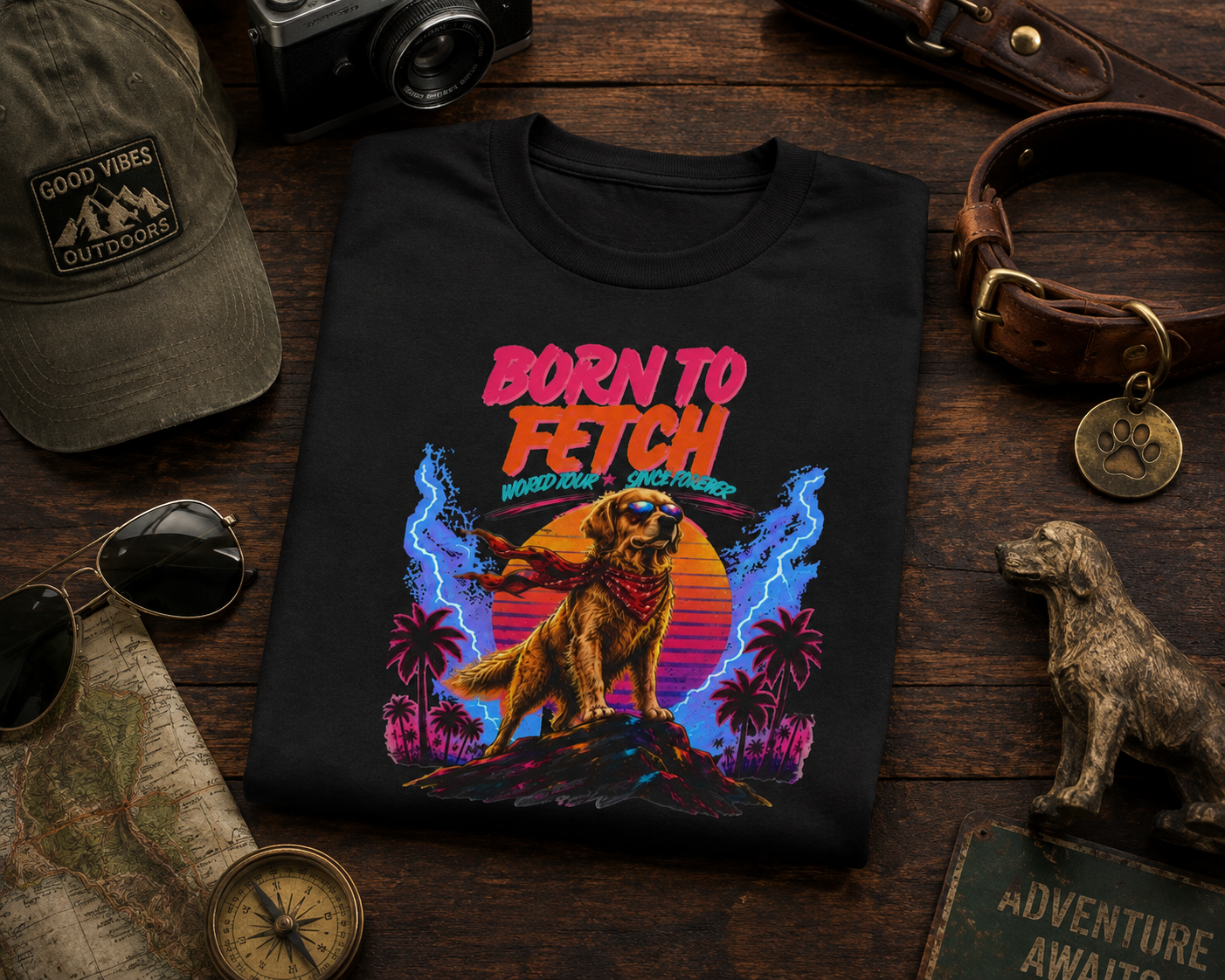 T-Shirt — "Born to Fetch" Retro Dog Graphic Tee